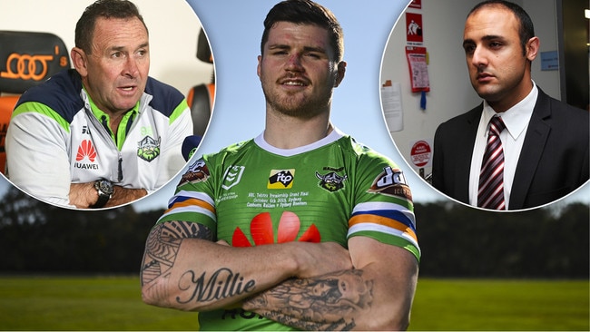 John Bateman, Canberra coach Ricky Stuart and player agent Isaac Moses.