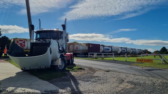 A semitruck and trailer collided with the front of a train on Marriot St, Westbury on April 29, 2024. Tas Rail conducting investigations on Tuesday. Picture: Elise Kaine