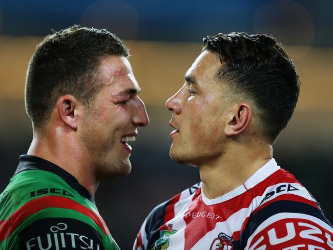 Sam Burgess and Sonny Bill Williams after a fierce clash between the Bunnies and Chooks. Picture: Brett Costello