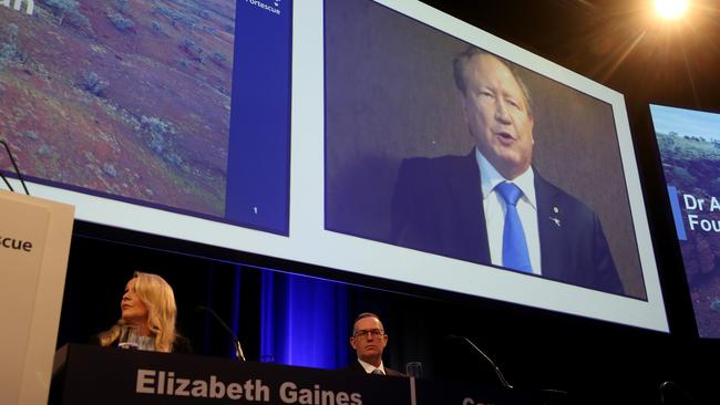 Andrew Forrest addresses Fortescue’s annual meeting in Perth on Wednesday via videolink. Picture: Colin Murty