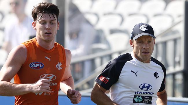 Walsh with fitness coach Andrew Russell during his recovery from a back injury in February 2023. Pic: Michael Klein