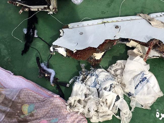 Debris and remains retrieved from the crash site of EgyptAir Flight 804 suggest there was an explosion on board. Picture: Egyptian Armed Forces Facebook via AP