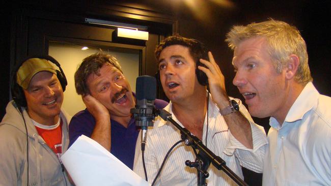 Jason Dunstall (left), Brian Taylor, Garry Lyon and Danny Frawley having a laugh during their Triple M days.