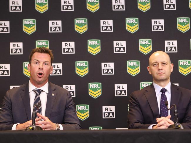 Rugby League Players Association chief executive Ian Prendergast and NRL chief executive Todd Greenberg. Picture: AAP/Daniel Munoz