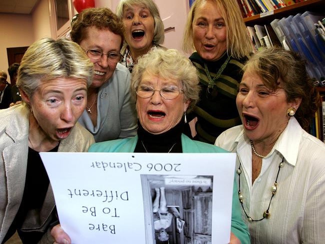 Noela Foxcroft centre, at the 2006 launch of the Bare To Be Different calendar with graphic designer Ruth Gooding and other calendar girls from left, Yvonne Lazenby, Jean Stagg, Sonya Hollmer and Bev Lee.