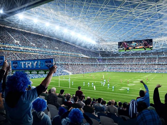 An artist’s impression of ANZ Stadium redeveloped as a 75,000-seat rectangle.