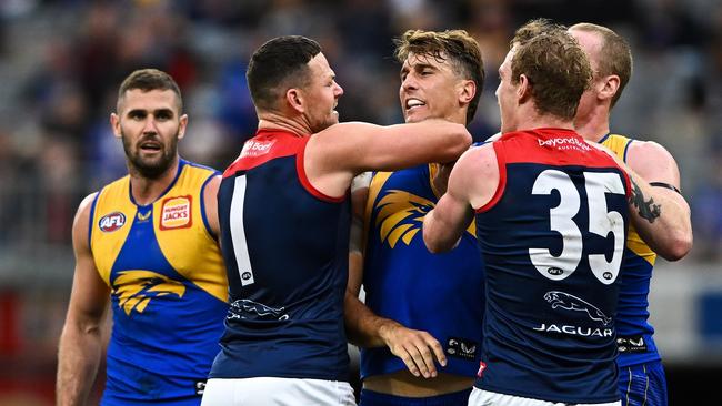 Steven May gets up close and person with Eagle Greg Clark. Picture: Daniel Carson/AFL Photos