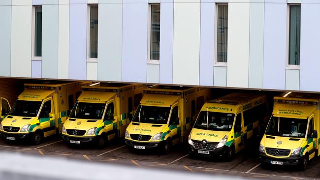 Ambulances lined up outside Frimley Park Hospital, in Frimley, west of London. Picture: Adrian Dennis/AFP