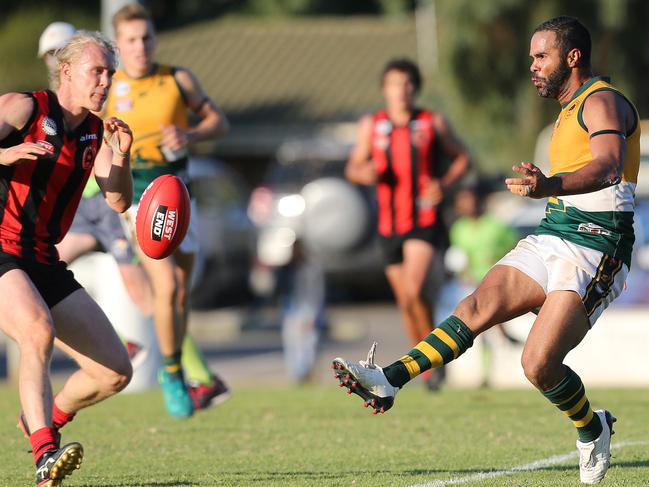 Salisbury North’s Alex Stengle (right) has had his eight-week suspension reduced to five, which means he avoids a life ban from the Adelaide Footy League. Picture: Stephen Laffer.