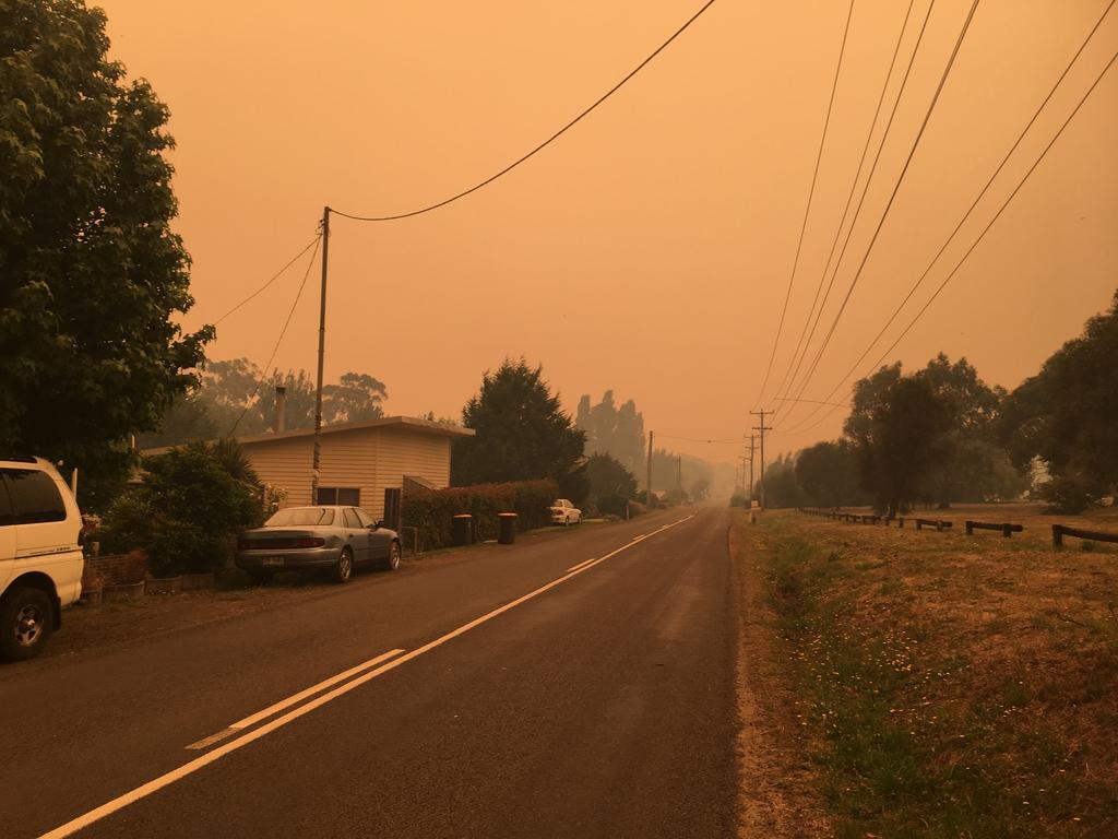 Smoke shrouded road through Westerway from the Gell River bushfire. Picture: NIKKI DAVIS-JONES