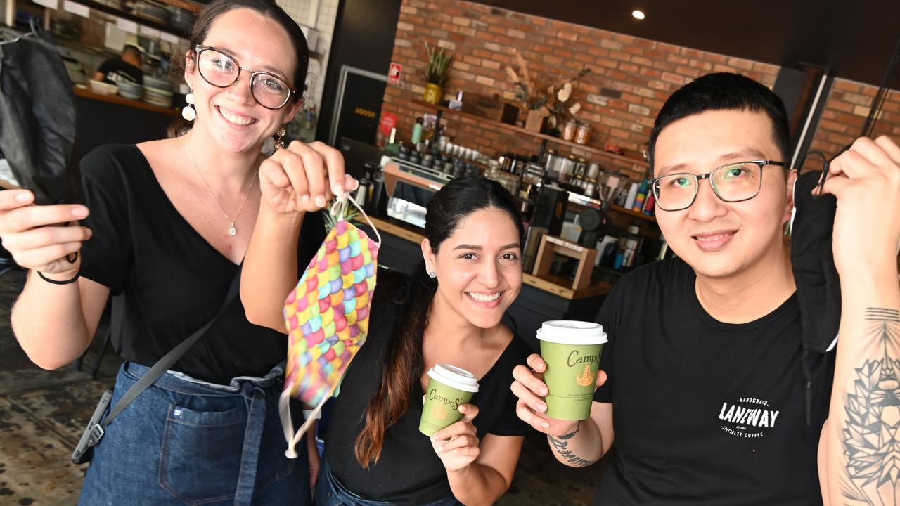 The mask mandate has been lifted and Laneway staff Shialee Maxwell, Katherine Vazquez and barista Kyle Chiu were “relieved”. Picture: Julianne Osborne