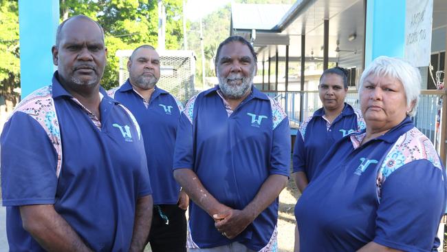 Wujal Wujal mayor Alister Gibson and councillors Lucas Creek, Robert Bloomfield, Nikita Tayley and deputy mayor Claudia Doughboy outside the council's offices.