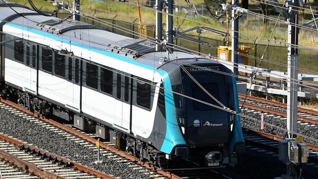 A North West Metro train seen approaching Tallawong Station in Sydney. Picture: AAP