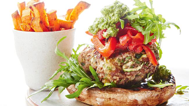 Rated recipes: Open burger with sweet potato chips.