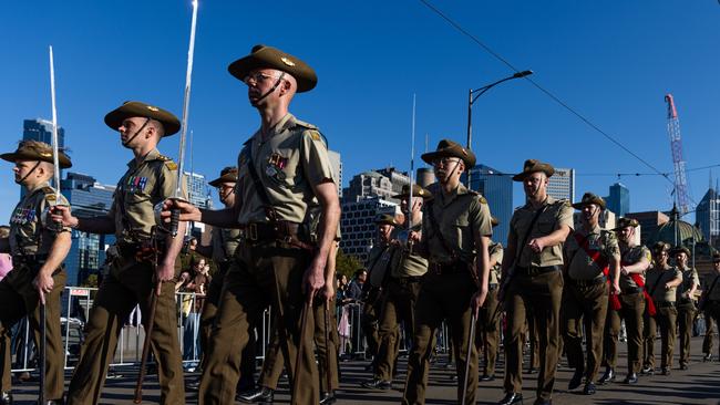 Army personnel march during the Anzac Day Parade. Picture: Getty Images