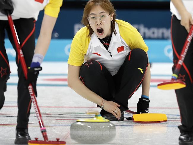 China’s Liu Jinli shouts instructions during their women’s curling match against Switzerland at the 2018 Winter Olympics in Gangneung, South Korea, Wednesday, Feb. 14, 2018. Picture: AP