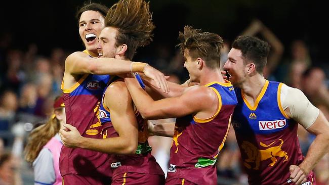 Eric Hipwood of the lions celebrates a goal during the round 18 AFL match between the Brisbane Lions and the Carlton Blues at The Gabba.