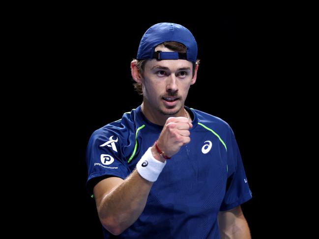 LONDON, ENGLAND - DECEMBER 07: Alex 'The Demon' de Minaur of Australia celebrates against Jan-Lennard 'The Thunder' Struff in their Group B Round Robin match during the UTS Grand Final London 2024 at ExCel London on December 07, 2024 in London, England. (Photo by Julian Finney/Getty Images)