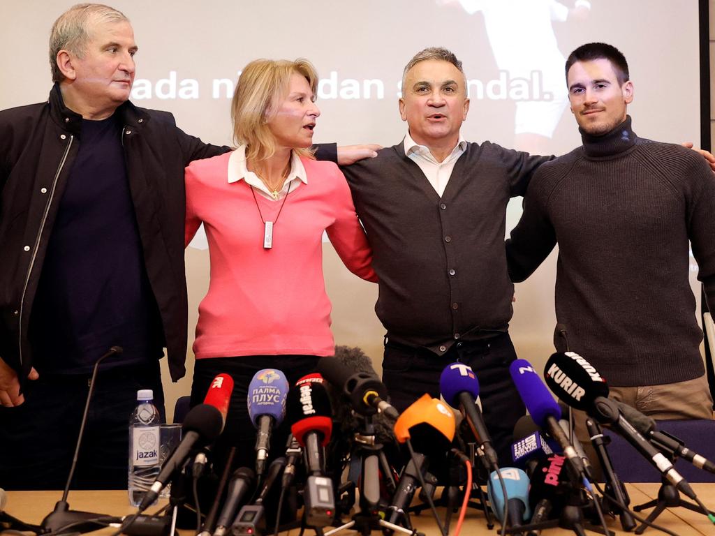 Relatives of Serbian tennis player Novak Djokovic, including his uncle Goran, his mother Dijana, his father Srdjan and his brother Djordje. Picture: Pedja Milosavljevic/AFP