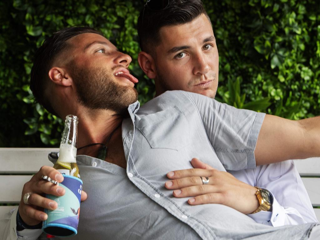 Kyle Granger and Ryan Amos enjoys the 2019 Darwin Cup. Picture: KERI MEGELUS