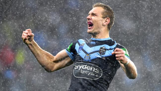 Tom Trbojevic celebrates a try for the Blues. Picture: AAP