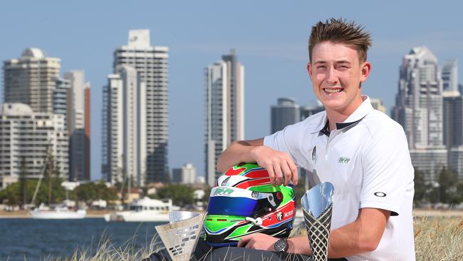 Bayley Hall, 16, is headed off to Melbourne tomorrow for his debut supercar race at Bathurst this weekend. He's also racing later this month at the GC 600 yet he cant drive on the roads! Picture Glenn Hampson