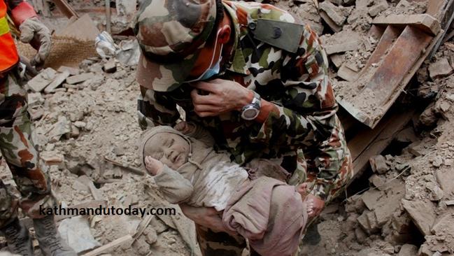 Sonit being rescued from rubble in Nepal.