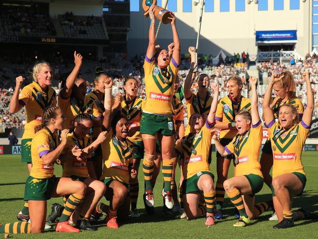 The Jillaroos celebrating beating the Kiwi Ferns at the Auckland Nines earlier this year.