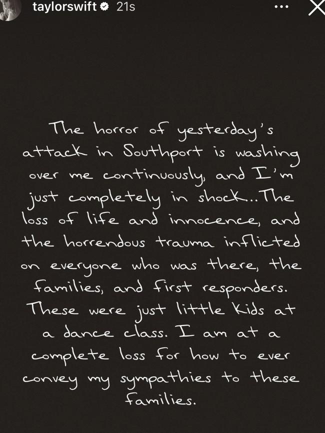 Taylor Swift reacts to the UK stabbing at a Swift-themed event, where two children were killed. Picture: Instagram
