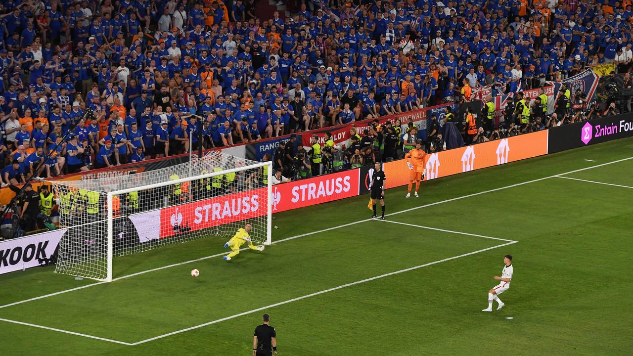 Socceroo Ajdin Hrustic converts his penalty for Eintracht Frankfurt in the shootout that decided the Europa League final. Picture: David Ramos/Getty Images