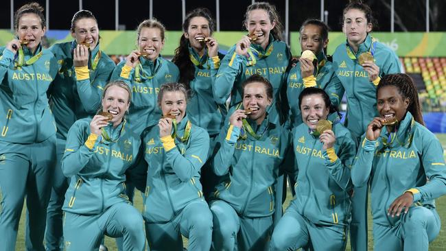 Australia’s womens sevens team celebrate winning gold in Rio.