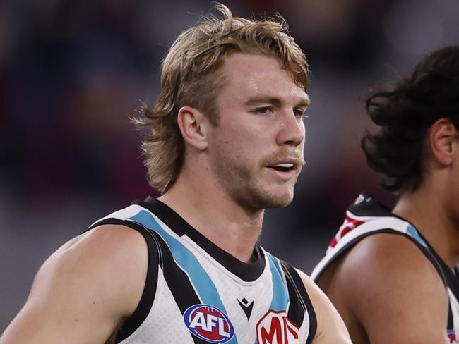 MELBOURNE, AUSTRALIA - AUGUST 10:  Jason Horne-Francis of the Power celebrates a goal during the round 22 AFL match between Melbourne Demons and Port Adelaide Power at Melbourne Cricket Ground, on August 10, 2024, in Melbourne, Australia. (Photo by Darrian Traynor/AFL Photos/via Getty Images)