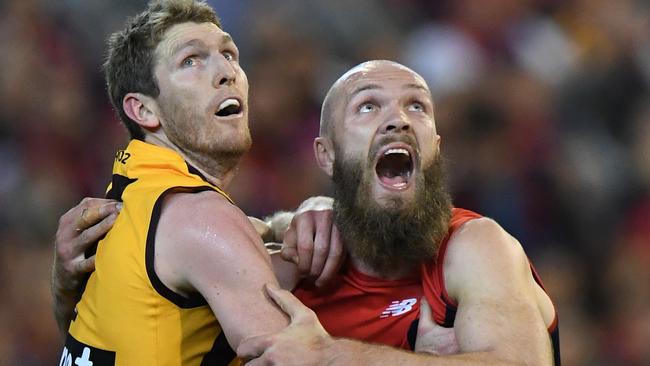 Can Max Gawn’s Demons find something against Ben McEvoy’s Hawks? Picture: AAP