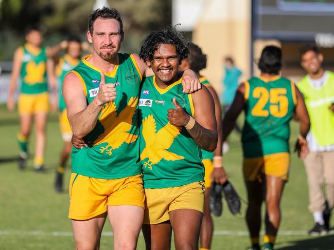 Lachlan Lake and Kane Sevallos celebrate winning the 2022 premiership. Picture: AFLNT.