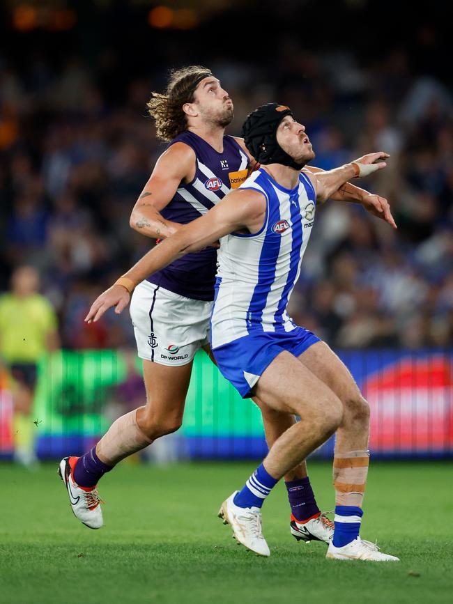 Luke Jackson and Tristan Xerri compete in the ruck during the Dockers’ win over North Melbourne. Picture: Dylan Burns/AFL Photos via Getty Images.