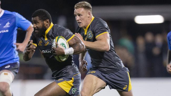 Marika Koroibete of the Wallabies runs the ball at Leichhardt Oval in Sydney.