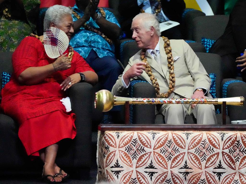 King Charles III (R) talks to Samoa's Prime Minister Afioga Fiame Naomi Mata'afa during the opening ceremony for CHOGM in Apia, Samoa. Picture: AFP