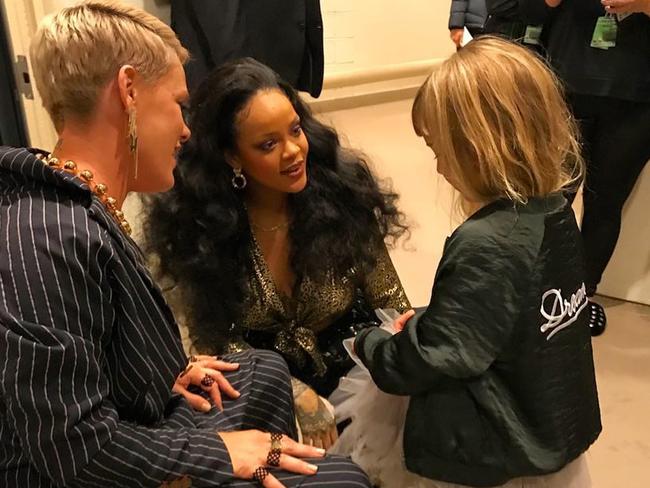 Carey Hart shares an image of Pink, Rihanna and daughter Willow Hart backstage at the 2018 Grammy Awards Picture: @hartluck/Instagram