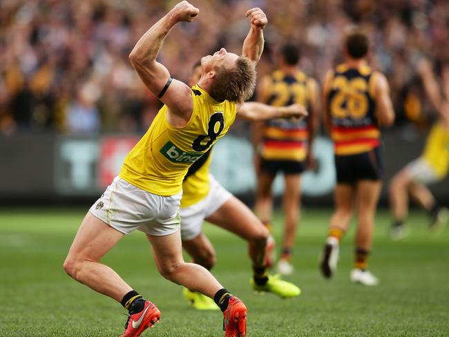 Jack Riewoldt celebrates victory at the final siren. Picture: Getty Images