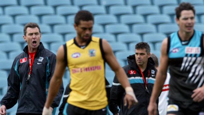 Then-Port Adelaide assistant coach Phil Walsh with football coach Mark Williams in 2005.