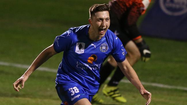 Liam Boland celebrates burying Avondale FC’s third goal from the penalty spot. Picture: George Salpigtidis.