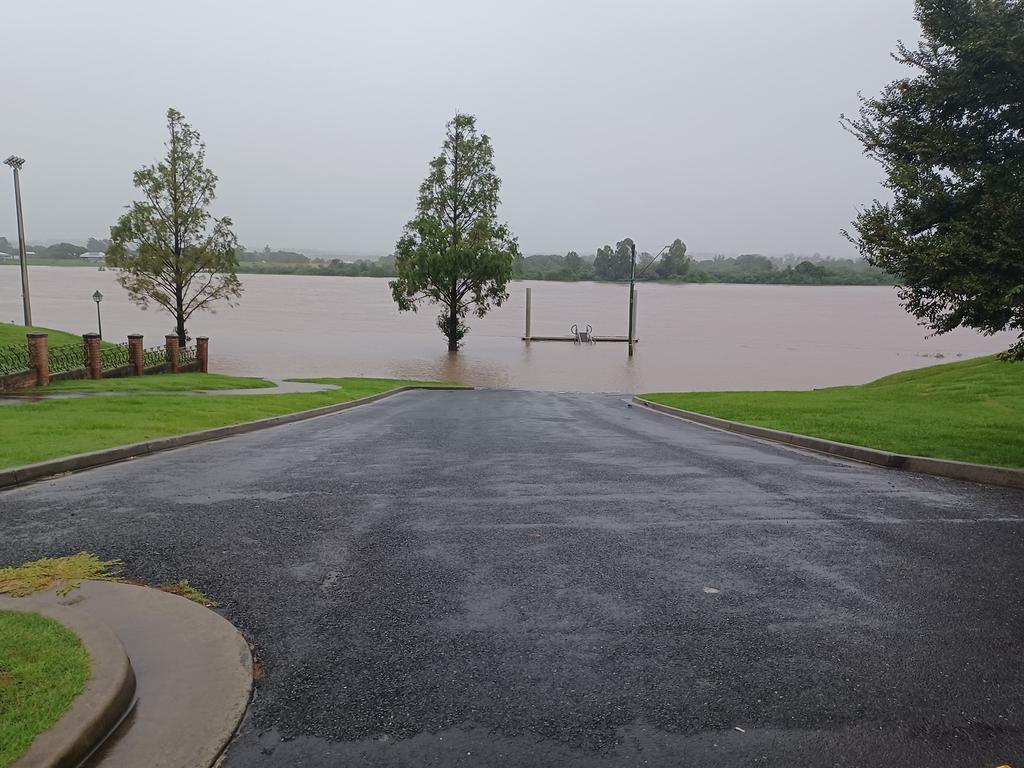 Floodwater along the Clarence River at Grafton, near the Crown Hotel, on Sunday morning.