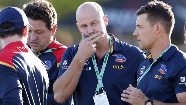 TOUGH TIMES: Crows coach Matthew Nicks during the club’s Marsh Community Series clash against Gold Coast. Picture: Sarah Reed