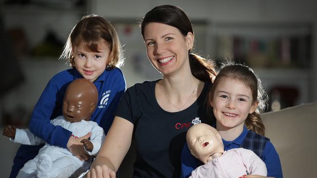 Ms Hunstead with her kids, Isabel and Eva. Ms Hunstead formerly worked at North Shore Private Hospital and started CPR kids after the preventable accidents she saw there. Picture: Supplied