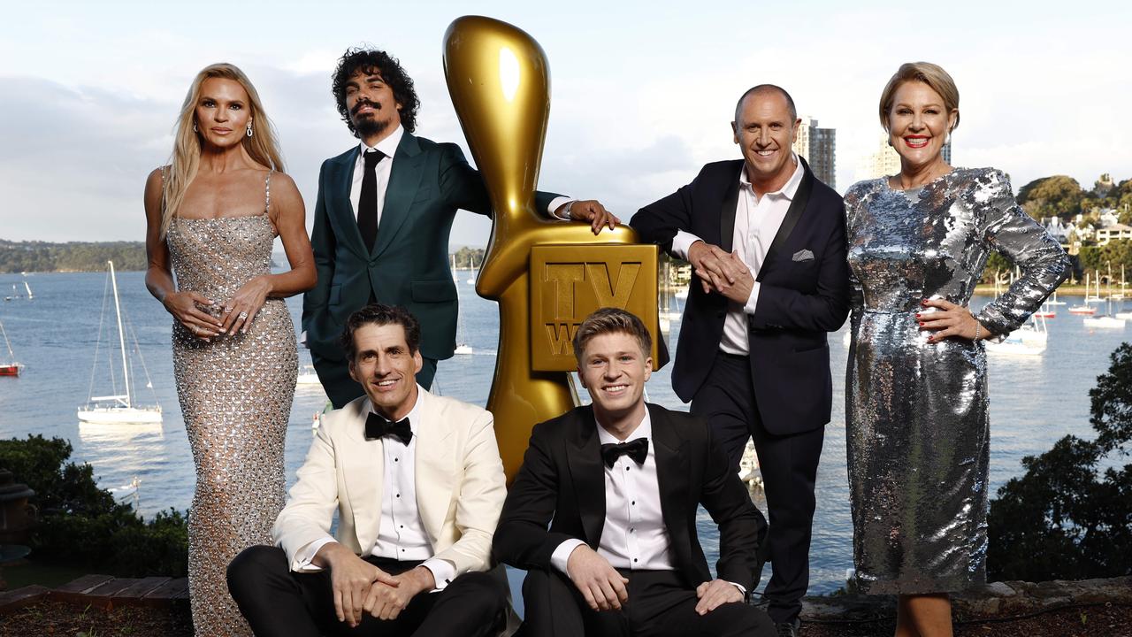 Pictured at Elizabeth Bay in Sydney are the 2024 Gold Logie Award nominees, Sonia Kruger, Tony Armstrong, Andy Lee, Robert Irwin, Larry Emdur and Julia Morris. Picture: Richard Dobson