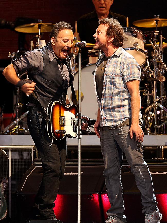 Bruce Springsteen and Eddie Vedder at AAMI Park. Pic: Ian Currie.