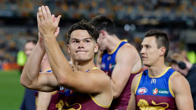 Cam Rayner celebrates Brisbane’s preliminary final victory. Picture: Getty