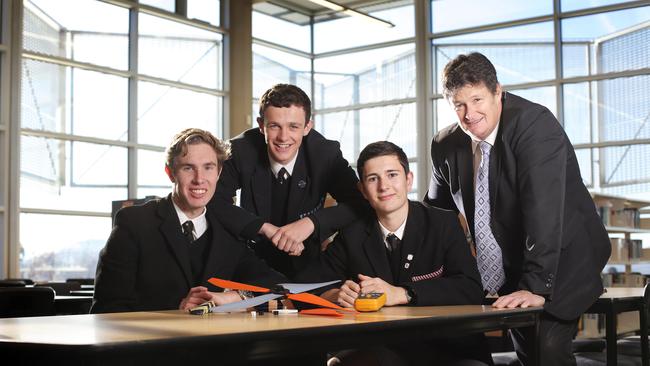Hutchins students, Luke West, Harrison Evans, James Tucker and teacher Kent Moore recently returned from the USA where they attended the KidWind Wind Turbine Challenge Picture: LUKE BOWDEN