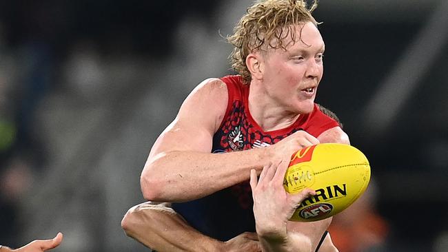 Clayton Oliver finished with 41 disposals (22 contested), 13 clearances and nine inside 50s in a night out for the Demons. Picture: Quinn Rooney/Getty Images