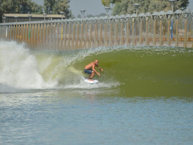 LOS ANGELES, CALIFORNIA - SEPTEMBER 25:  Surfer Kelly Slater surfs a wave at the Surf Ranch during the Breitling Summit on September 25, 2019 in Lemoore, California. (Photo by Charley Gallay/Getty Images for Breitling)